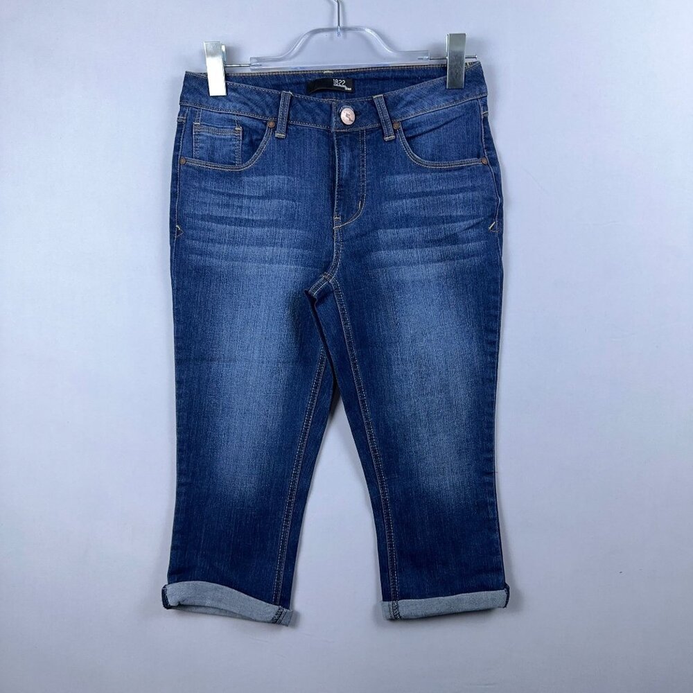 1882 Denim Capri Jeans Womens Size 6 Mid Rise Medium Wash Rolled Cuff Hem Blue